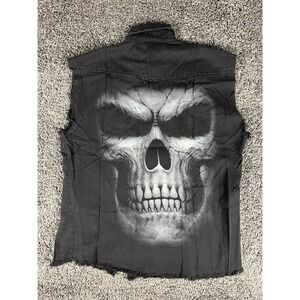 Y2K Spiral HUGE Skull Back Graphic Pearl Snap Vest Mens 2XL, Goth Biker Grunge.